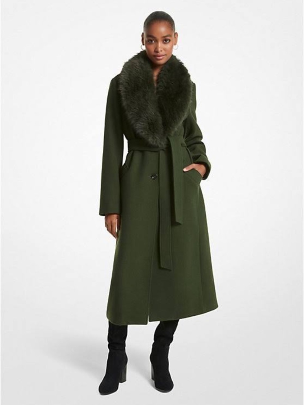 Michael Kors Faux Fur Trim Wool Blend Coat in Jade Size M NWOT